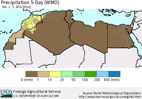 North Africa Precipitation 5-Day (WMO) Thematic Map For 12/1/2022 - 12/5/2022
