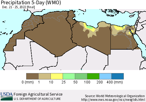 North Africa Precipitation 5-Day (WMO) Thematic Map For 12/21/2022 - 12/25/2022