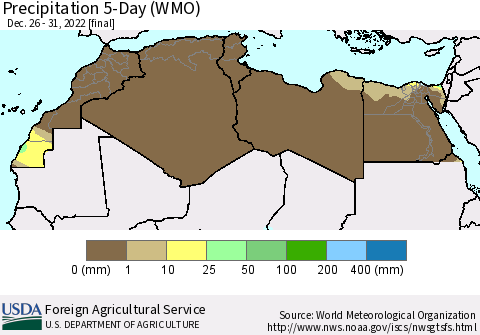 North Africa Precipitation 5-Day (WMO) Thematic Map For 12/26/2022 - 12/31/2022