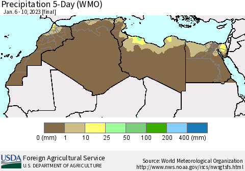 North Africa Precipitation 5-Day (WMO) Thematic Map For 1/6/2023 - 1/10/2023