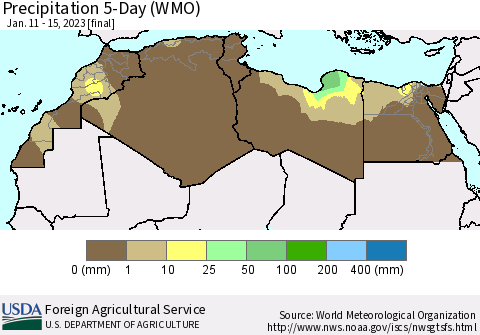 North Africa Precipitation 5-Day (WMO) Thematic Map For 1/11/2023 - 1/15/2023