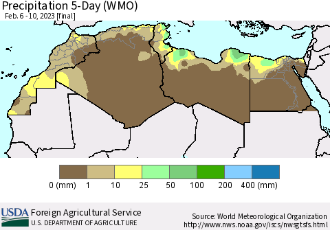 North Africa Precipitation 5-Day (WMO) Thematic Map For 2/6/2023 - 2/10/2023