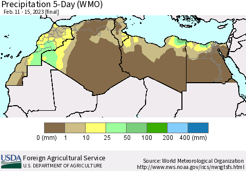 North Africa Precipitation 5-Day (WMO) Thematic Map For 2/11/2023 - 2/15/2023