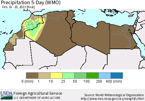 North Africa Precipitation 5-Day (WMO) Thematic Map For 2/16/2023 - 2/20/2023