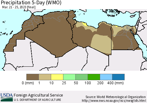North Africa Precipitation 5-Day (WMO) Thematic Map For 3/21/2023 - 3/25/2023