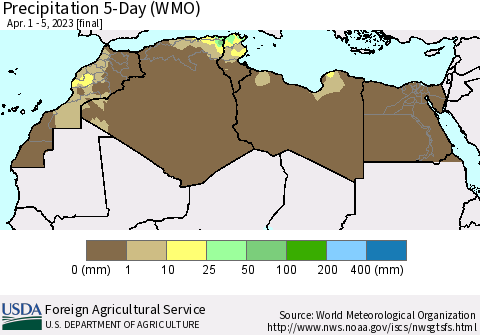 North Africa Precipitation 5-Day (WMO) Thematic Map For 4/1/2023 - 4/5/2023