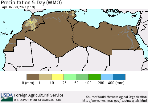 North Africa Precipitation 5-Day (WMO) Thematic Map For 4/16/2023 - 4/20/2023
