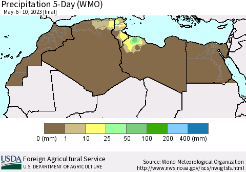 North Africa Precipitation 5-Day (WMO) Thematic Map For 5/6/2023 - 5/10/2023