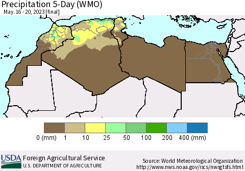 North Africa Precipitation 5-Day (WMO) Thematic Map For 5/16/2023 - 5/20/2023