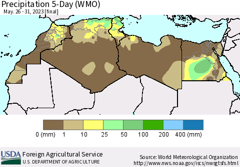 North Africa Precipitation 5-Day (WMO) Thematic Map For 5/26/2023 - 5/31/2023