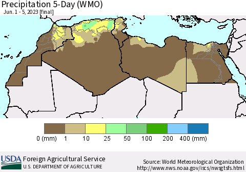 North Africa Precipitation 5-Day (WMO) Thematic Map For 6/1/2023 - 6/5/2023