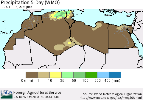 North Africa Precipitation 5-Day (WMO) Thematic Map For 6/11/2023 - 6/15/2023