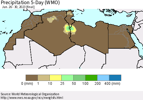 North Africa Precipitation 5-Day (WMO) Thematic Map For 6/26/2023 - 6/30/2023