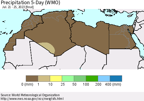 North Africa Precipitation 5-Day (WMO) Thematic Map For 7/21/2023 - 7/25/2023