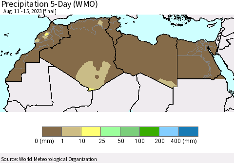 North Africa Precipitation 5-Day (WMO) Thematic Map For 8/11/2023 - 8/15/2023