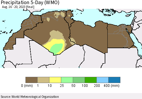 North Africa Precipitation 5-Day (WMO) Thematic Map For 8/16/2023 - 8/20/2023