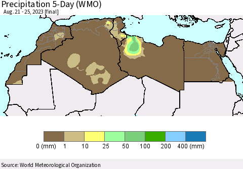 North Africa Precipitation 5-Day (WMO) Thematic Map For 8/21/2023 - 8/25/2023