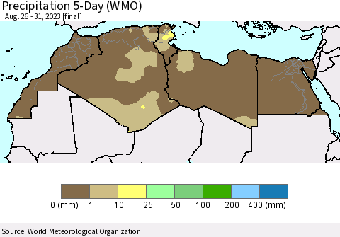 North Africa Precipitation 5-Day (WMO) Thematic Map For 8/26/2023 - 8/31/2023