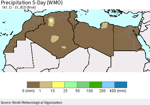 North Africa Precipitation 5-Day (WMO) Thematic Map For 10/11/2023 - 10/15/2023