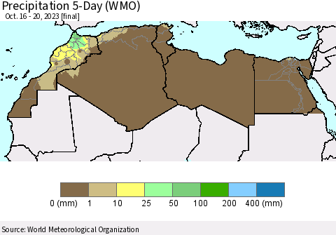 North Africa Precipitation 5-Day (WMO) Thematic Map For 10/16/2023 - 10/20/2023
