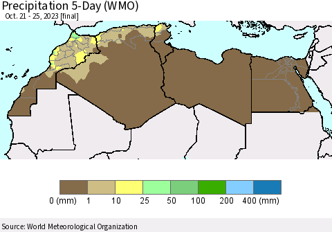 North Africa Precipitation 5-Day (WMO) Thematic Map For 10/21/2023 - 10/25/2023