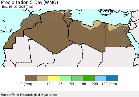 North Africa Precipitation 5-Day (WMO) Thematic Map For 11/16/2023 - 11/20/2023