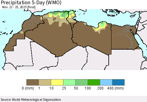 North Africa Precipitation 5-Day (WMO) Thematic Map For 11/21/2023 - 11/25/2023