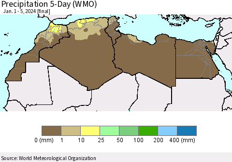 North Africa Precipitation 5-Day (WMO) Thematic Map For 1/1/2024 - 1/5/2024