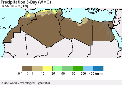North Africa Precipitation 5-Day (WMO) Thematic Map For 1/6/2024 - 1/10/2024