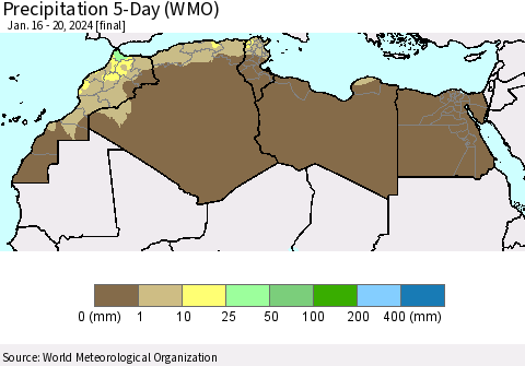 North Africa Precipitation 5-Day (WMO) Thematic Map For 1/16/2024 - 1/20/2024