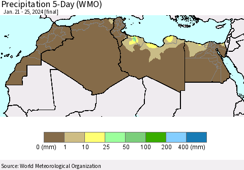 North Africa Precipitation 5-Day (WMO) Thematic Map For 1/21/2024 - 1/25/2024