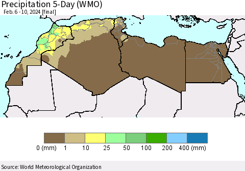 North Africa Precipitation 5-Day (WMO) Thematic Map For 2/6/2024 - 2/10/2024
