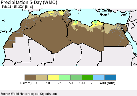 North Africa Precipitation 5-Day (WMO) Thematic Map For 2/11/2024 - 2/15/2024