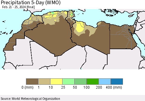 North Africa Precipitation 5-Day (WMO) Thematic Map For 2/21/2024 - 2/25/2024