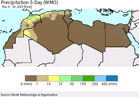 North Africa Precipitation 5-Day (WMO) Thematic Map For 3/6/2024 - 3/10/2024