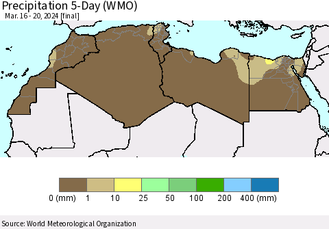 North Africa Precipitation 5-Day (WMO) Thematic Map For 3/16/2024 - 3/20/2024