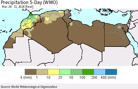 North Africa Precipitation 5-Day (WMO) Thematic Map For 3/26/2024 - 3/31/2024