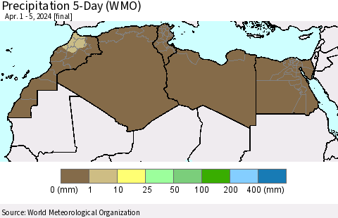 North Africa Precipitation 5-Day (WMO) Thematic Map For 4/1/2024 - 4/5/2024