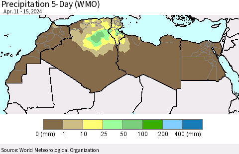 North Africa Precipitation 5-Day (WMO) Thematic Map For 4/11/2024 - 4/15/2024