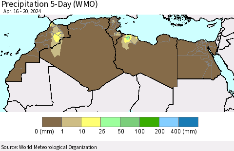 North Africa Precipitation 5-Day (WMO) Thematic Map For 4/16/2024 - 4/20/2024