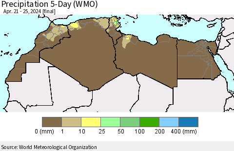 North Africa Precipitation 5-Day (WMO) Thematic Map For 4/21/2024 - 4/25/2024
