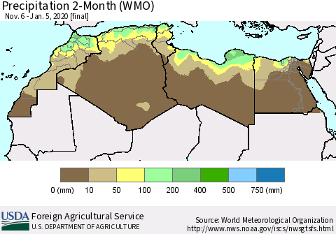 North Africa Precipitation 2-Month (WMO) Thematic Map For 11/6/2019 - 1/5/2020