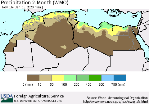 North Africa Precipitation 2-Month (WMO) Thematic Map For 11/16/2019 - 1/15/2020