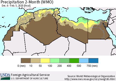 North Africa Precipitation 2-Month (WMO) Thematic Map For 12/6/2019 - 2/5/2020