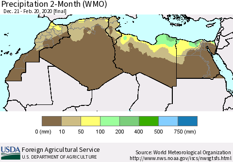 North Africa Precipitation 2-Month (WMO) Thematic Map For 12/21/2019 - 2/20/2020