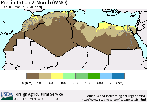 North Africa Precipitation 2-Month (WMO) Thematic Map For 1/16/2020 - 3/15/2020