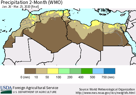 North Africa Precipitation 2-Month (WMO) Thematic Map For 1/26/2020 - 3/25/2020