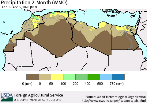 North Africa Precipitation 2-Month (WMO) Thematic Map For 2/6/2020 - 4/5/2020