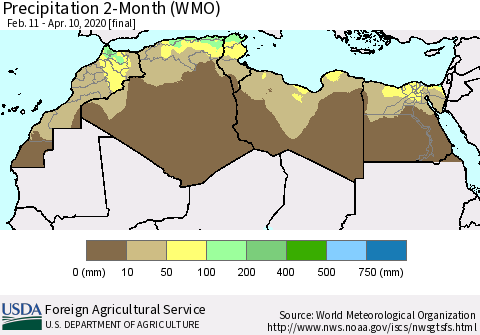 North Africa Precipitation 2-Month (WMO) Thematic Map For 2/11/2020 - 4/10/2020
