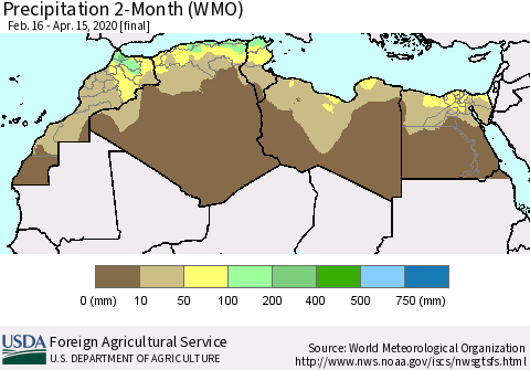 North Africa Precipitation 2-Month (WMO) Thematic Map For 2/16/2020 - 4/15/2020